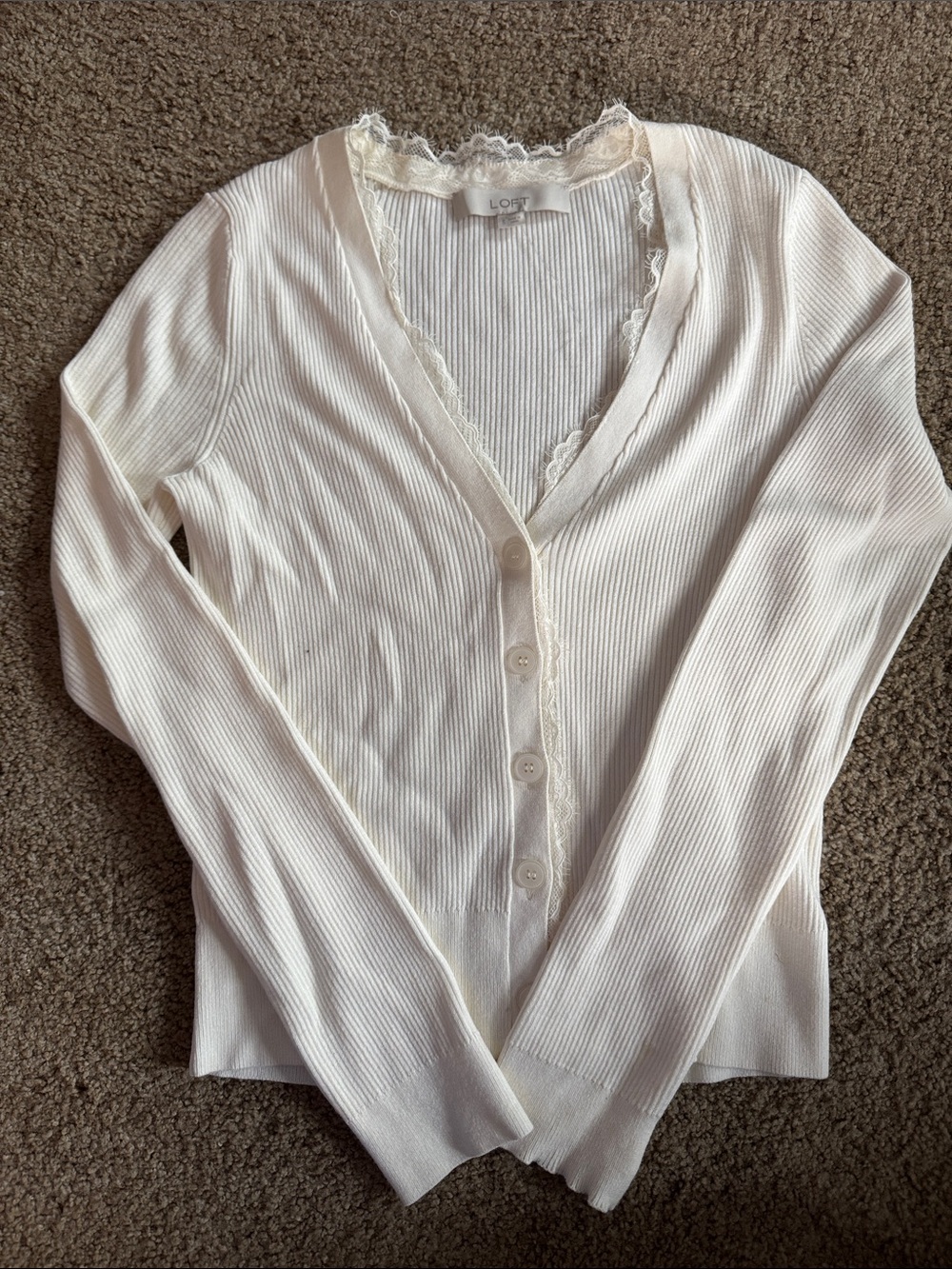 LOFT Cream Ribbed Lace-Trim Button Cardigan